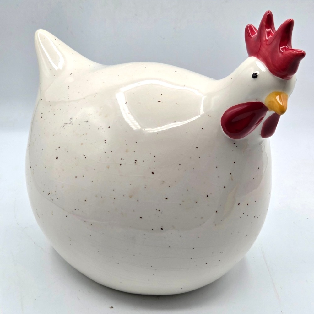 LARGE Ceramic Hen White Speckled 9" TALL Farmhouse Country Kitchen Decor